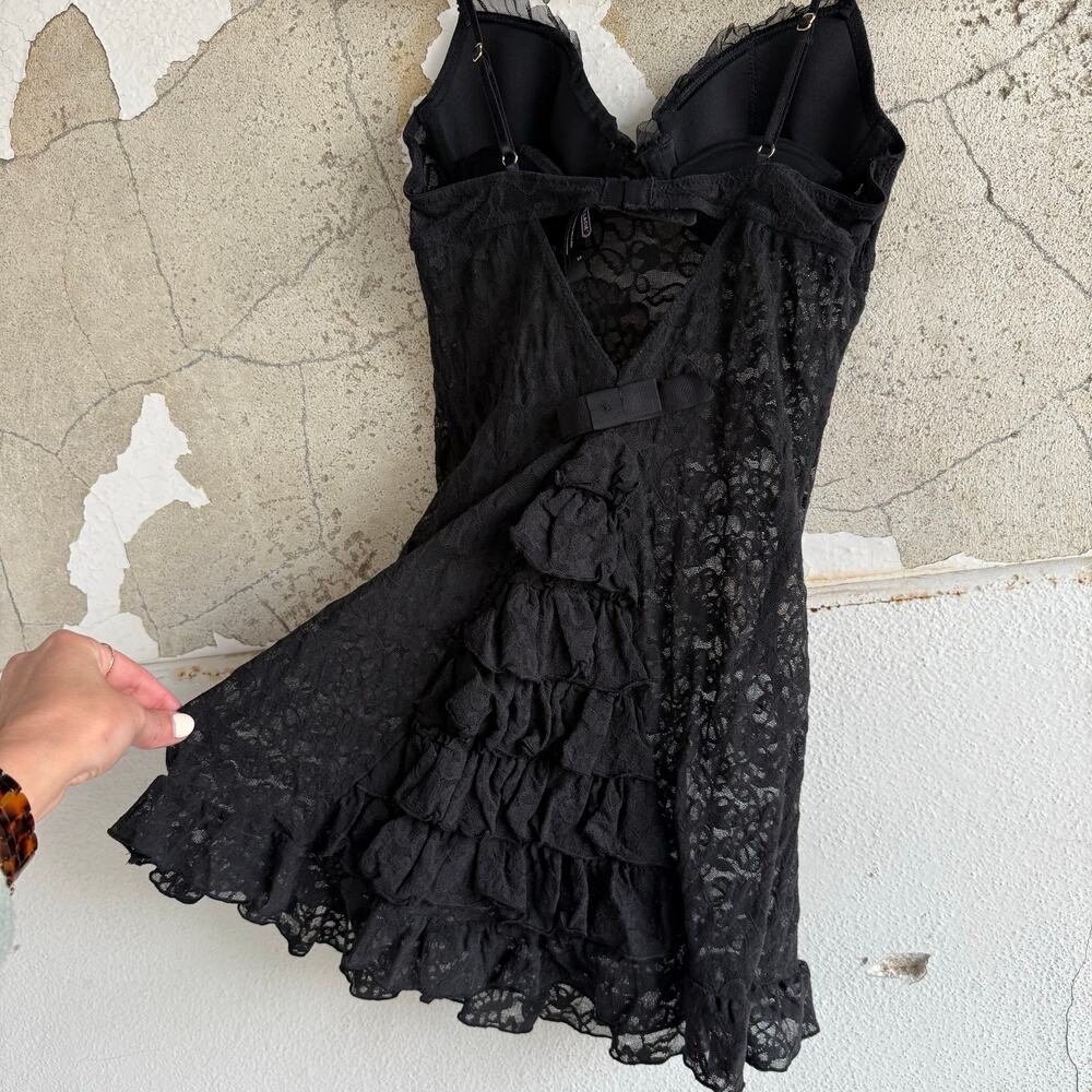 Y2K Victorias Secret Slip Dress Black Lace Sheer Mesh Tiered Ruffle The Lacie‎ S